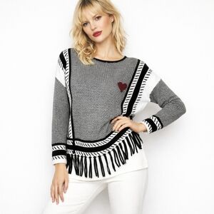 Iphoria 100% Cashmere Fringe Sweater XS Black White Graphic Heart Boho Luxe